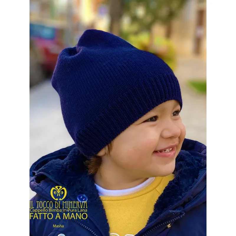 Cappello Bimba pura lana Masha Blu giallo - Realizzato a mano