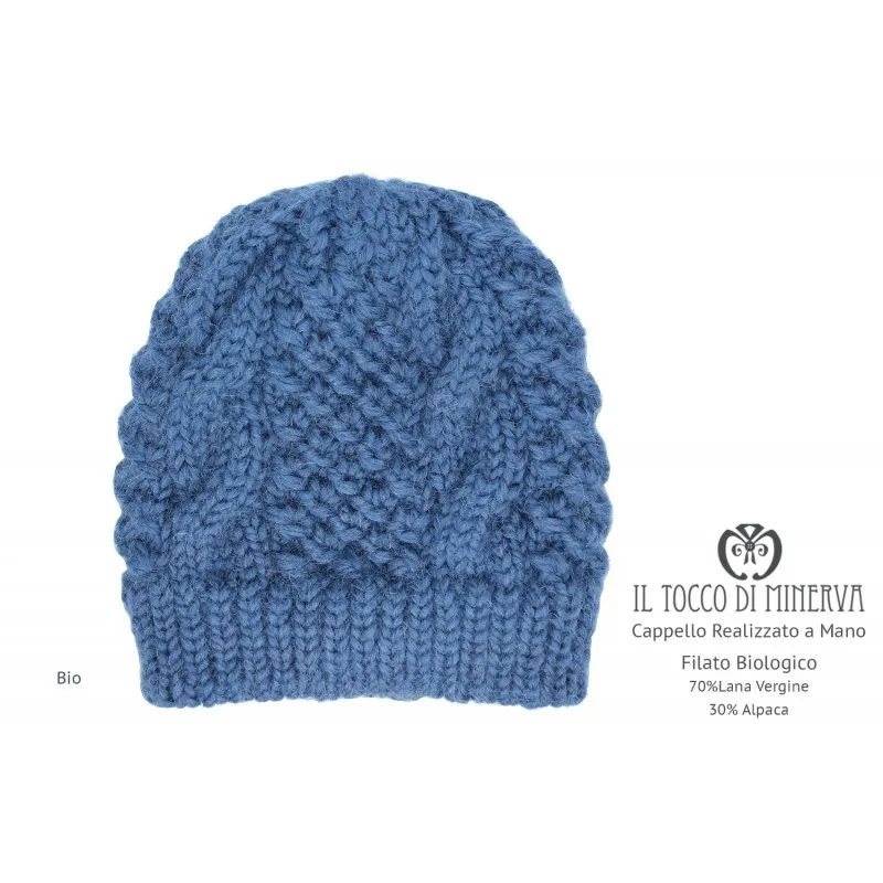 Cappello donna blu in lana biologica Bio - Realizzato a mano