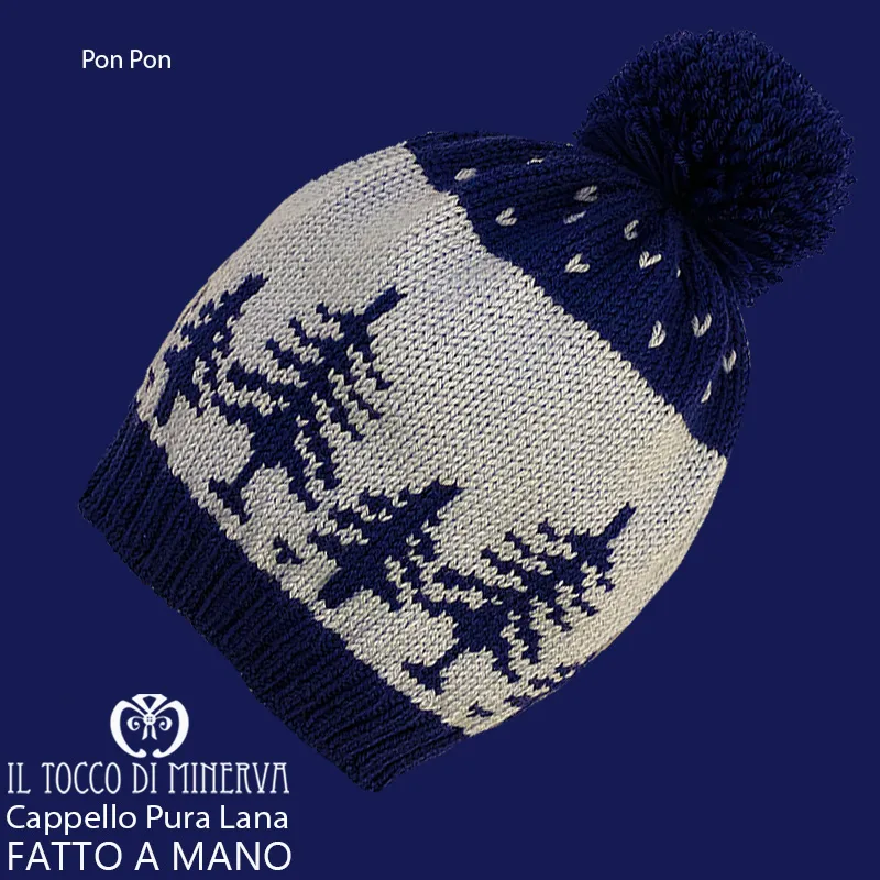 Cappello pura lana Pon Pon alberi blu celeste - Fatto a Mano